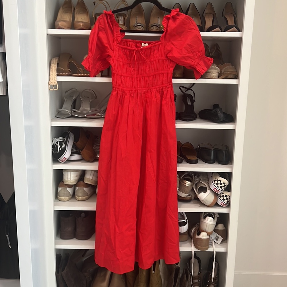 Women's Red Midi Dress with Puff Sleeves